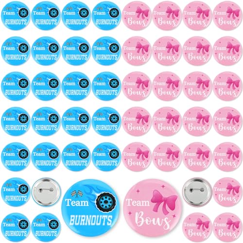 Quelay 50 Pcs Gender Reveal Button Pins 1.75 Inch Team Boy or Girl Pins Bulk, Burnouts or Bows Gender Reveal Decorations Baby Shower Party Favors for Guests Pink and Blue Badge Supplies