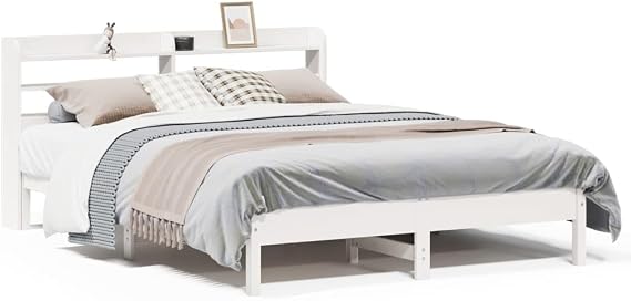 King Size Bed Frame White 150x200 cm Solid Pine Daybed 218x160x82 cm with Headboard Storage Shelves Modern Wood Structure for Bedroom