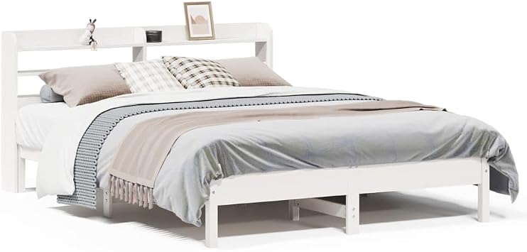 King Size Bed Frame White 150x200 cm Solid Pine Daybed 218x160x82 cm with Headboard Storage Shelves Modern Wood Structure for Bedroom