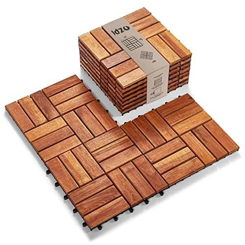 idzo interlocking deck tiles - 10pcs waterproof acacia wood patio tiles, floor tiles for balcony, backyard, indoor and outdoor use - decking checker pattern, 12 x 12 x 0.9 inches, golden teak