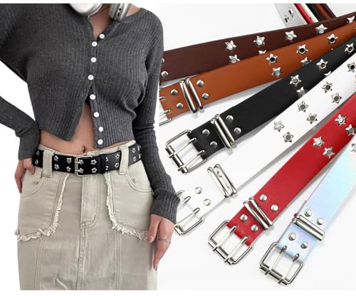 Women Men Double Grommet Studded Belt Punk Rock Gothic for Jeans Pants with Chain2