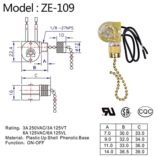 Ceiling Fan Light Switch Zing Ear ZE109,TwoWire Control OnOff