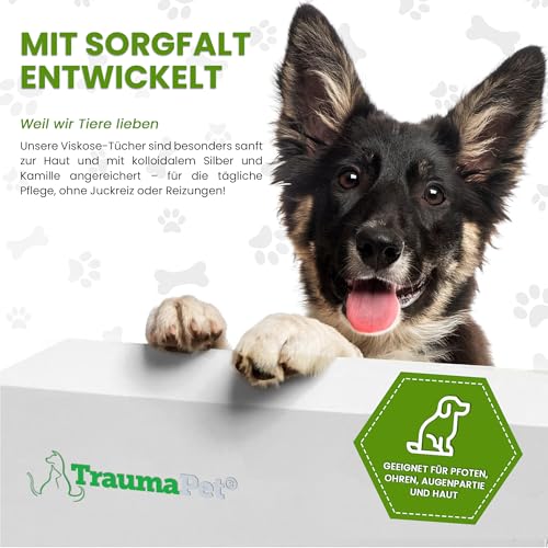 TraumaPet Premium Feuchttücher für Hunde & Katzen – Feuchte Reinigungstücher mit Kamille & Silber – Reinigungstücher für empfindliche Stellen – 15 Stück | Feuchttücher Hund & Katze