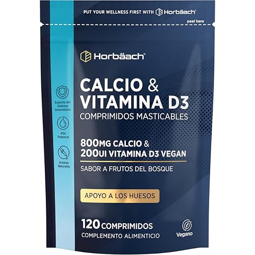 Calcio y Vitamina D3 | 800mg de Carbonato de Calcio y 200 UI Vitamina D3 | 120 Comprimidos Masticables | Horbaach