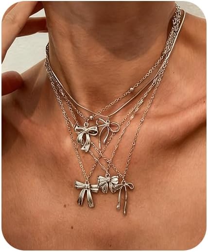 Layered Gold Necklaces for Women Stackable Dainty Chain Necklaces Graceful Layering Ribbon Bow Pendant Necklace Trendy Cute Choker Necklace Jewelry Set for Christmas Gifts