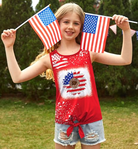 Image of July 4th Girls Patriotic Sleeveless Tie Knot Front Tank Top Stars Stripes Tee Shirt 4-14 Years