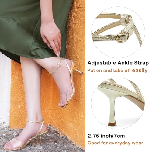 JENN ARDOR Clear Heels for Women Kitten Strappy Sandals Comfort Round Open Toe Ankle Strap Stilettos Wedding Party Low Heeled Dress Shoes