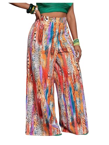 MakeMeChic Women's Plus Size Pants Boho Graphic Print Wide Leg High Waisted Summer Trousers