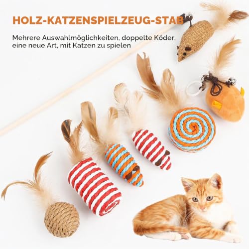 Katzenspielzeug Set, Katzenspielzeug Natur 7 Teile Set, 7-teilig mit Bällen, Mäusen, Federn & Holzangel, fördert Koordination von Kitten, Plastikfrei, Nachhaltig – Für Katzen jeden Al – Bild 4
