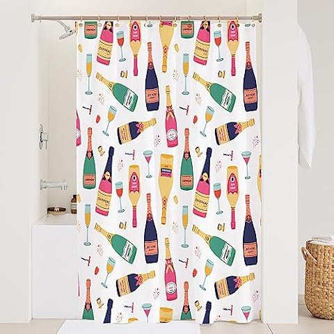 De-Mediocre Colorful Champagne Collection Shower Curtain Cute Funny Doodle Red and White Bath Curtain Waterproof and Waterwashable Fabric Curtain for Bathroom Sparkling Wine Bottles 72x72 Cover