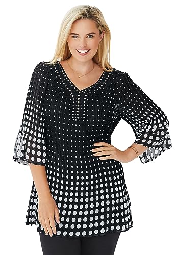 Woman Within Women's Plus Size Embellished Pleated Blouse Shirt - 18/20, Evening Blue Falling Floral Multicolored #TOP2