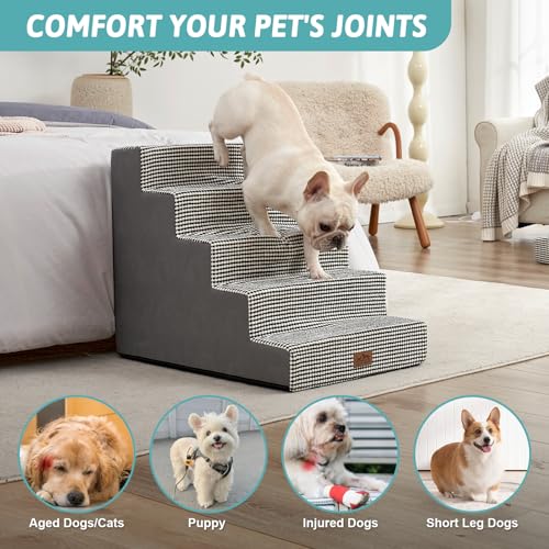 Image of COZY KISS Dog Stairs for Small Dogs 5-Step, 19.7 inch Extra Wide Right-Angle Pet Stairs for Couch and Beds, Anti-Slip Dog Steps for Old Cats and Lowrider, 19.7x29.5x23.6 inch, White Black