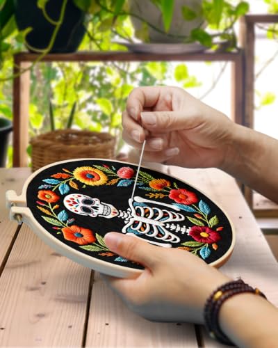 Image of TINDTOP Embroidery Kit for Adult Beginners, Embroidery DIY Starter Kit, with Stamped Patterns, Hoop, Tools, Colorful Threads with Needles, Instructions (Skeleton A)