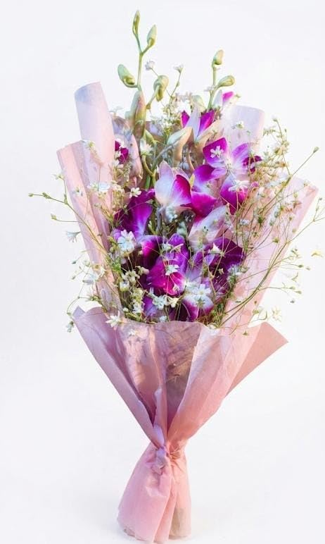Florist Collection Fresh Purple Orchid Flower Bouquet with White Baby’s Breath | Elegant Mixed Floral Arrangement with Pink Wrapping | Real Flower Bouquet for Birthday, Anniversary, Special Occasions-picture-13