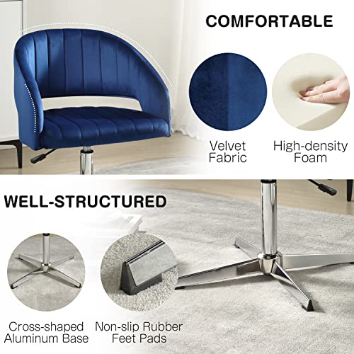 Art Leon Modern Desk Chair No Wheels, Velvet Home Office Chair, Adjustable Height Swivel Chair, Accent Armchair With Aluminum Alloy Base For Small Space Home Office, Dark Blue #TOP3