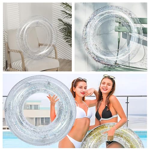 KUAKE Schwimmring Aufblasbarer, Schwimmring Erwachsene Groß, Schwimmring Groß Glitzer, Schwimming Ring Schwimmring Durchsichtig, Sommer Schwimmring für Pool Sandstrand Party, Pool-Silbrig