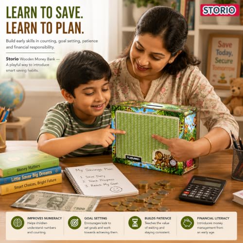 Image of Storio Wooden Money Bank with Lock, 1 Lakh Savings Goal Tracker