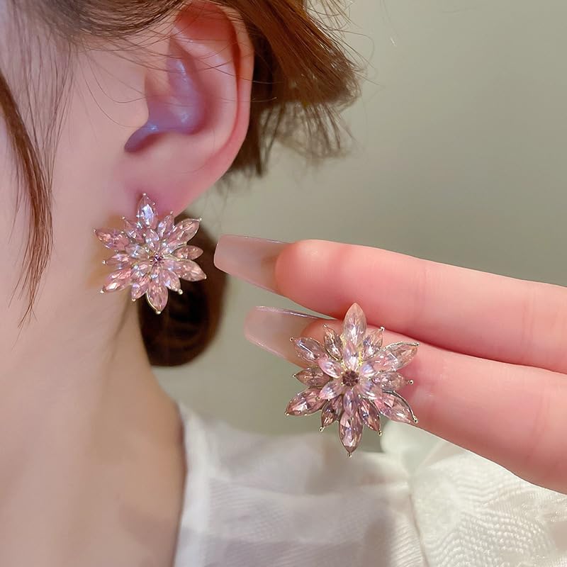 Crystal Flower Stud Earrings for Women - Light Blue Pink Black White Rhinestone Earrings with 925 Silver Posts, Multicolor Gemstone Jewelry Gift for Women3