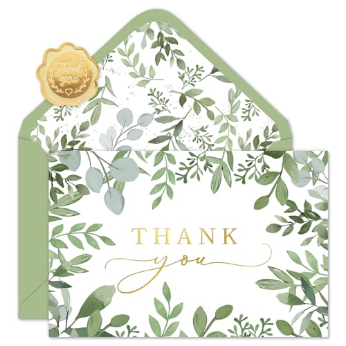 Whaline 50 Pack Greenery Thank You Cards Boxed Green Eucalyptus Leaves Foil Gold Thank You Note Cards with Envelopes Stickers Greeting Card for Wedding Bridal Shower Birthday