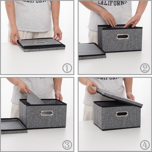Image of PRANDOM Storage Bins with Lids [3-Pack] Linen Fabric Foldable Storage Boxes Organizer Containers Baskets Cube with Cover for Home Bedroom Closet Office Nursery Grey（11.4X8.6X6.7