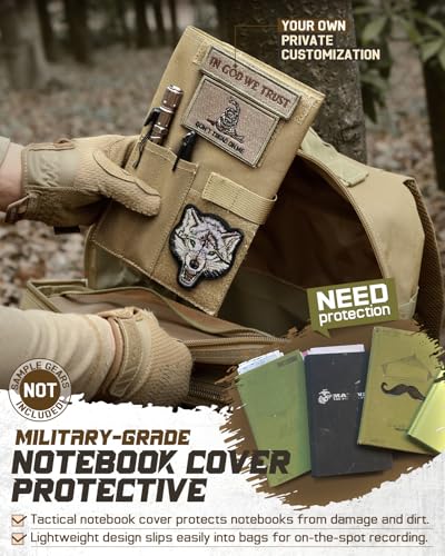 Tactical Book Cover for 5.5\" x 8\" Military Log Book, Green Book Protective Holder, Detachable Army Field Notebook Cover with Flag Patch, for Protecting Notes, Book(Tan, 5.7x8.7 in)