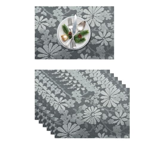Image of YELONA Placemats for Dining Table - Heat Resistant, Non-Slip & Washable PVC Vinyl Table Mats - Set of 6, 45 x 30 cm (Grey & White)