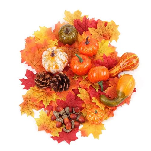 Huixinue Otoño Decoracion,50 Piezas Calabazas Decoracion otoño,Calabazas Artificiales Conos Pino Bellotas Artificiales Hojas de Arce Falsos.Aplicar a Halloween Navidad Decoración Cover