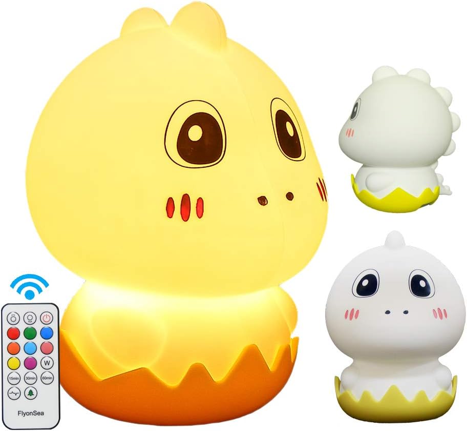 Hyodream Cute&Soft Silicone Hatching Dinosaur Egg Baby Night Light Nursery Lamp with Touch Sensor and Remote - Portable and Rechargeable Infant or Toddler Multi-Color Changing Bright Nightlight Lamp
