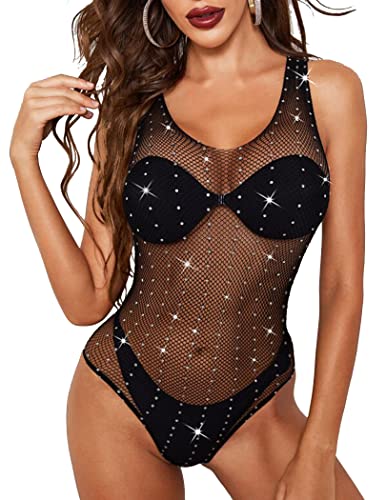 Avidlove Teddy Lingerie for Women Rhinestone Sexy Bodysuit Snap Crotch Fishnet Lingerie (No Stockings)