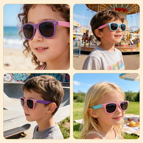 AHEJIOO 4 Stück Sonnenbrille Kinder & Baby Set, UV400 Schutz Baby Sonnenbrille Mädchen Jungen, Flexibler ABS Rahmen, Unkaputtbar Retro Kindersonnenbrille für Sommer Strand Urlaub