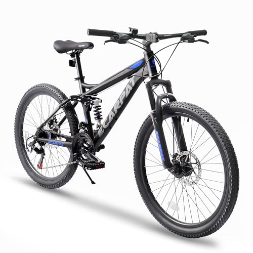 Ecarpat 24 Inch Mountain Bike, Dual Full Suspension Mountain Bike, 21-Speed Disc Brakes, Carbon Steel Frame,Trail Commuter City Bicycles