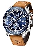 BENYAR Men's Quartz Sport Chronograph Fashion Business Luxury Waterproof Analog Date Watch with Brown Leather Strap (Brown Silver Blue)