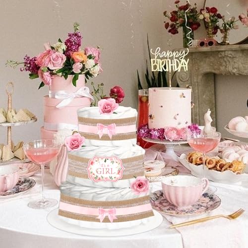 CORNER LACE Baby Shower Diaper Cake Decorations Pink, Birthday Party Diaper Cake Supplies, Include Ribbon, Bow Tie, Decorative Cards, Artificial Flowers(Diapers Not Included)