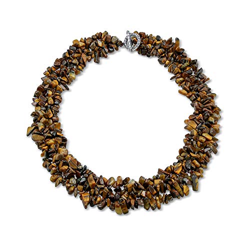 Bling Jewelry Large Wide Chunky Brown Tigers Eye Stones Chips Statement Bib Necklace For Women Collar Stretch Bracelet For Women Set 18 Inch #TOP1