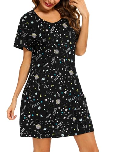 Image of ENJOYNIGHT Womens Cotton Nightgown Short Sleeve Sleepshirt Print Nightshirt | Short-Sleeve Crew Neck, Soft Cotton Fabric, Cartoon Printed Sleep Shirt, Loose Fit
