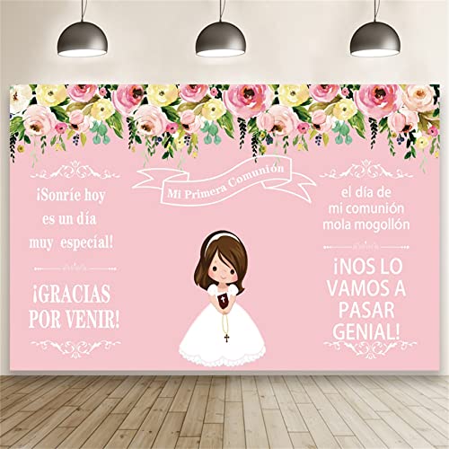 Renaiss 1.5x1m Primera comunión Bandera de decoración de Fiesta para niñas Flor Rosa Fondo Fiesta de Bautismo Recién Nacido Bebé Niños Cumpleaños Banner de Mesa de Pastel Accesorios para Fotos