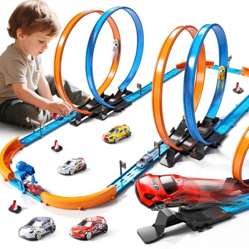 MSKOLER Car Race Track Sets for Kids 3 4 5 6 7 8 9 Years Old - Toy Car Track Set for Boys 3-5 6-8 8-12, Racing Game with 4 Small Cars, Boys Toy, Gifts for Boys Girls 3-8