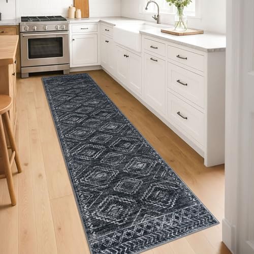 KILOCOCO Hallway Runner Rug 2'x8' Runners for Hallways Washable Runner Rug Non Slip Laundry Room Rug Low-Pile Rug Runner for Bedroom Kitchen Living Room Boho Rug, Charcoal