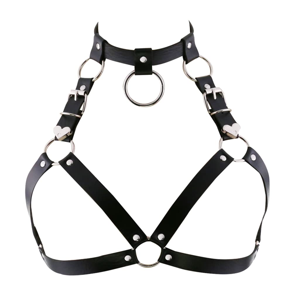 Mridadsc Leather Chest Straps Harness Body Chain Heart Harajuku Punk Caged Bra Waist Belts with Choker Collar for Women Rave Outfits