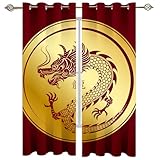 Cortinas Aislantes Termicas Ventana 2 Piezas Con Ojales, 3D Dragón Animal De Lujo De Oro Rojo De Estilo Chino Patrón Cortinas Opacas Para Habitacion Y Dormitorio Infantil Decoración De La Ventana 2