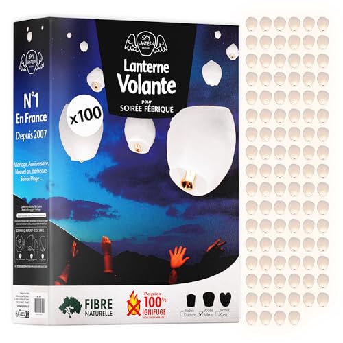 SKYLANTERN® 100x Lanterne Volante Chinoise 100% Biodégradable Blanche – Lot de 100 Lampions en Papier Écologiques 100x60 cm – Idéal pour Mariage, Fêtes, Nouvel an Chinois 2025, Noël, Anniversaires