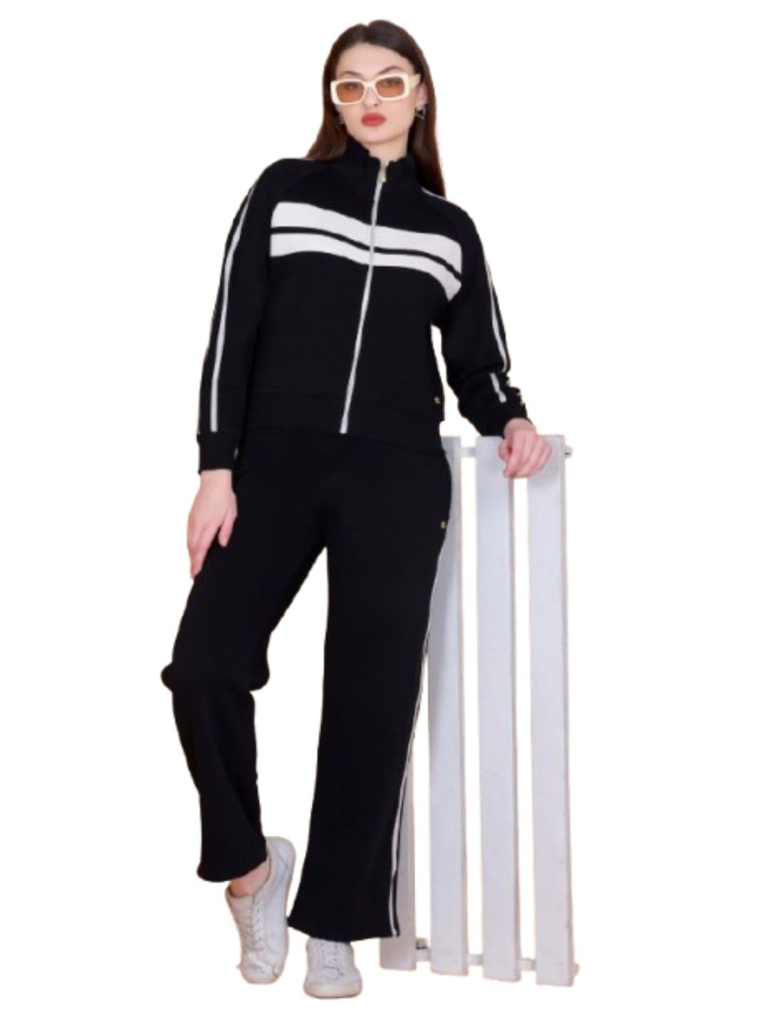 femea Women’s Stylish Zip-Up Tracksuit Set with Contrast Panel Design_BLACK-picture-48