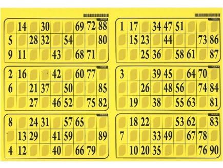 cavernedesjouets Plaque de 6 grilles cartons Loto 90 numeros, Format Standard - epaisseur 1 mm, Rigide - Couleur Jaune Soleil - Set Accessoire Bingo et Carte