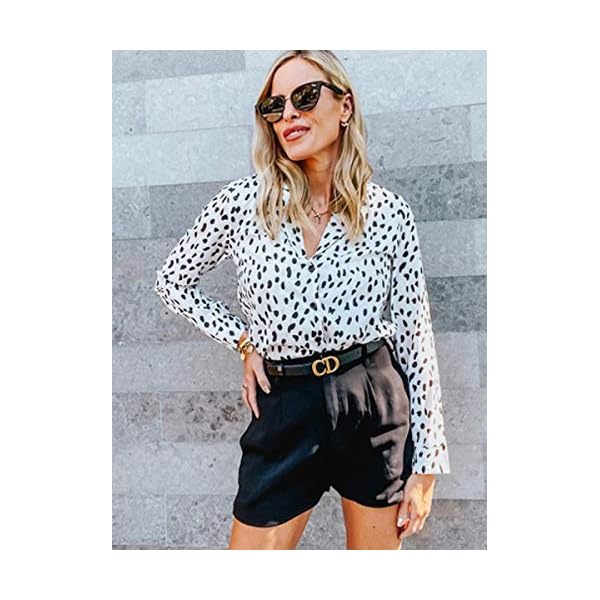 ECOWISH Womens V Neck Leopard Casual Print Tunic Long Sleeve Button Down Shirt Tops 235White M