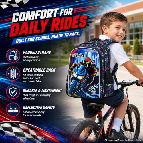 Image of HPJGD 3PCS Boys Motocycle Backpack, Water Resistant Kids Bookbag Set with Lunch Box, Cute School Bag for Preschool Toddler