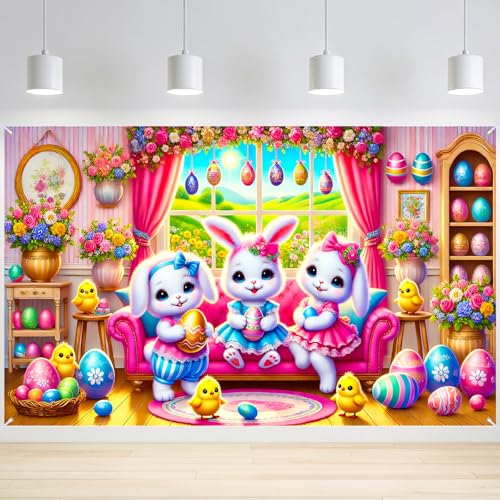 Image of Nuxovilar 43x70 inch Cartoon Bunny Trio Easter Banner