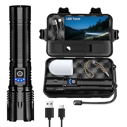 Taschenlampe LED Extrem Hell USB C Aufladbar 50000 Lumen 24 Stunden Akkulaufzeit Taschenlampen Zoombare Torch mit 5 Lichtmodi IP67 wasserdicht, Akku Flashlight Taktische für Camping Wandern Notfäll