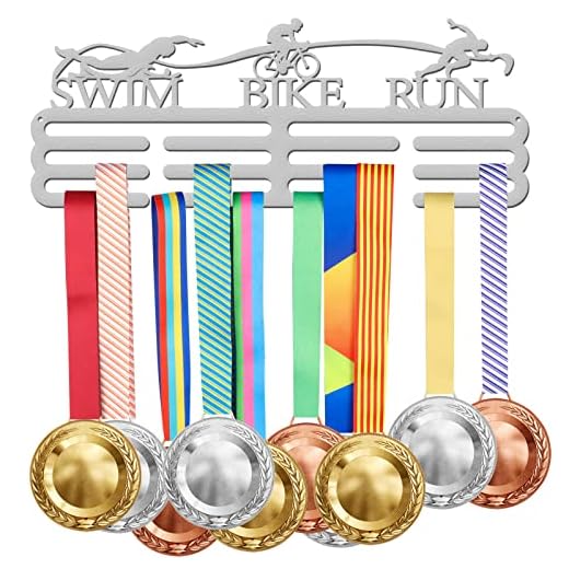SUPERDANT Colgador de Medallas de Triatlón Pantalla Plateada 60 + Marco de Soporte de Medallas de Competición Gancho de Medalla de Hierro para Exhibición de Soporte de Medallas