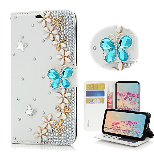 STENES Galaxy Note 3 Case - Stylish - 3D Handmade Bling Crystal Butterfly Flowers Floral Magnetic Wallet Credit Card Slots Fold Stand Leather Cover for Samsung Galaxy Note 3 - Blue