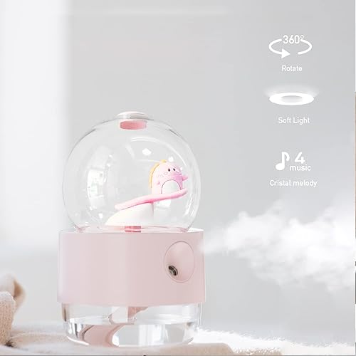 Miniatura 3 de Humidificador giratorio de caja de música de dinosaurio rosa, difusor de 10.1 fl oz con luz nocturna para dormitorio, oficina, hogar, regalo de